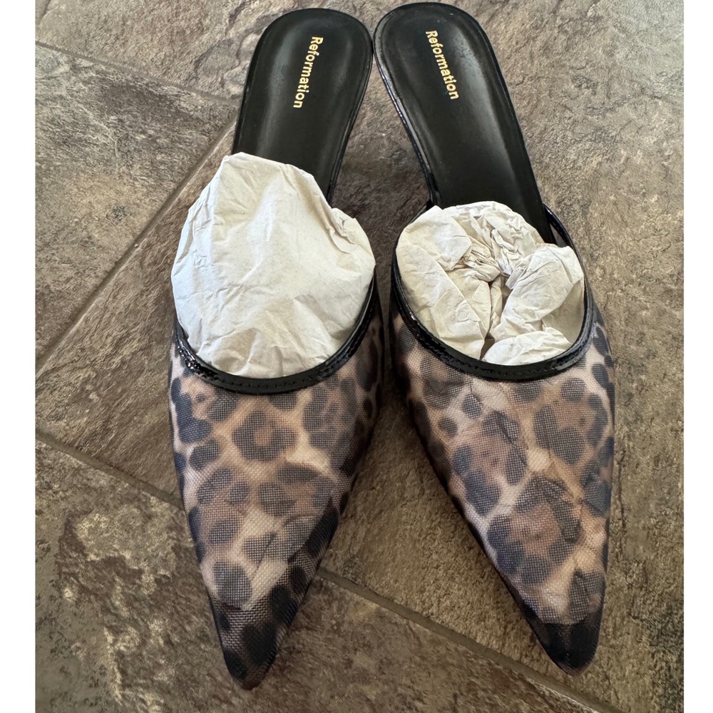 Reformation Wilda Kitten Mule Leopard Mesh Kitten Heels Black Pointed Toe Sz 6.5